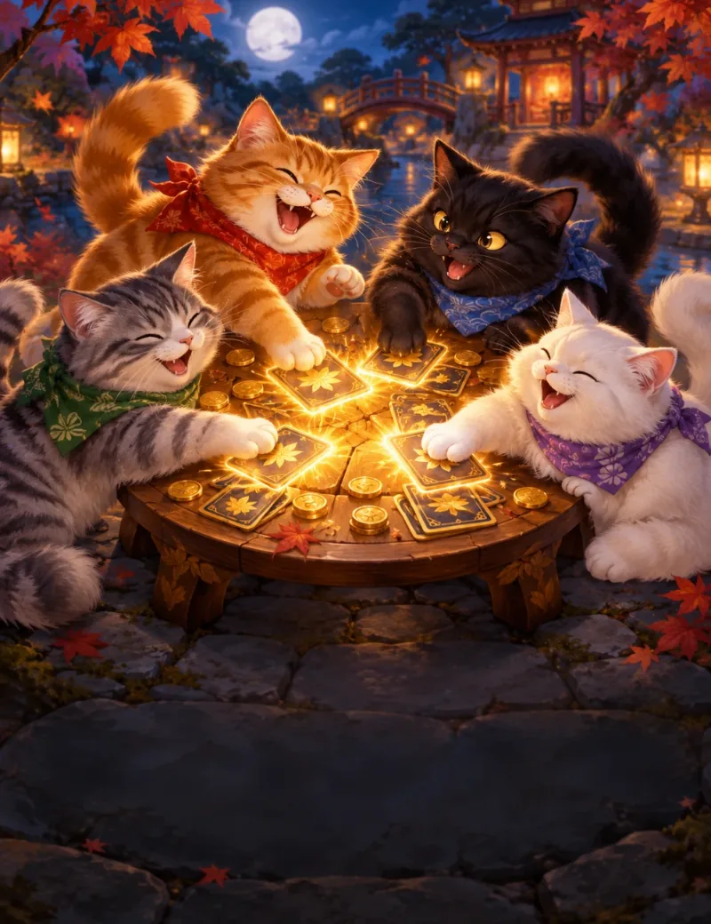 Four cats in scarves play cards around a table